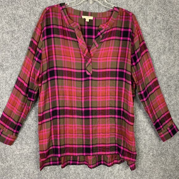 Jane & Delancey Long Sleeve Top S Pink Navy Plaid Hi-Low Light Weight Flannel - Picture 1 of 12